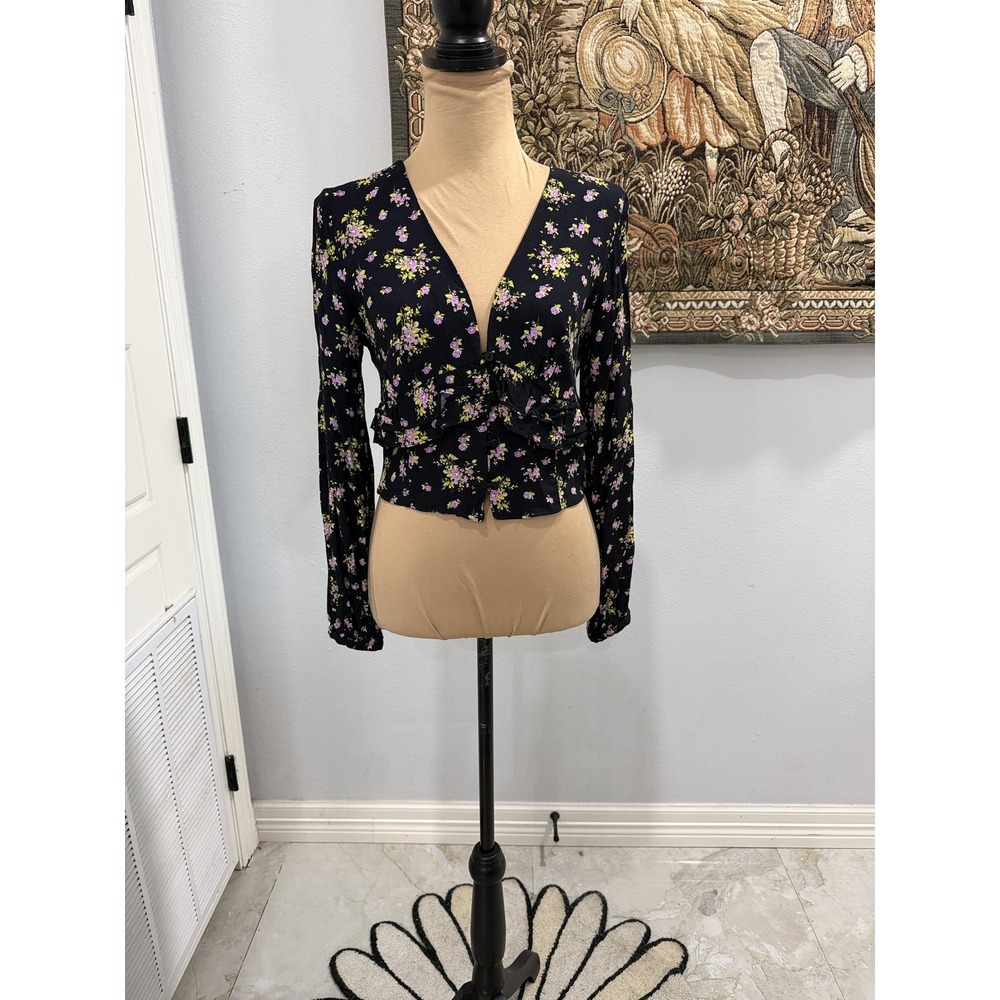Zara Blouse Womens Small Black Floral Long Sleeve V Neck Ruffle Crop Peplum‎ Top